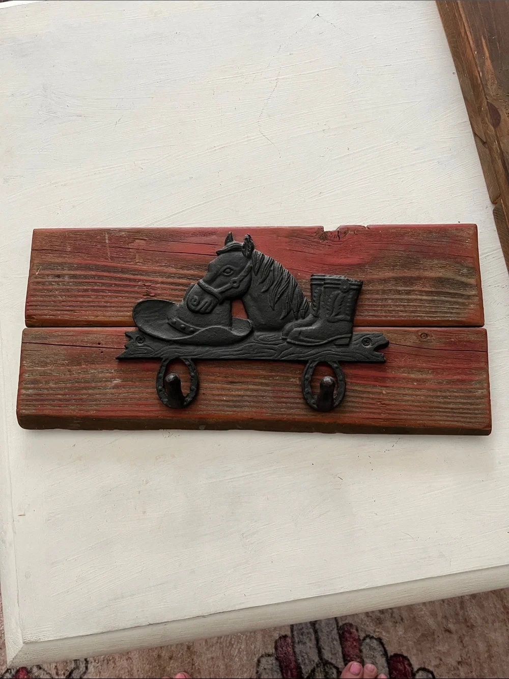 Rustic Red Wood Horse & Boots Wall Hook